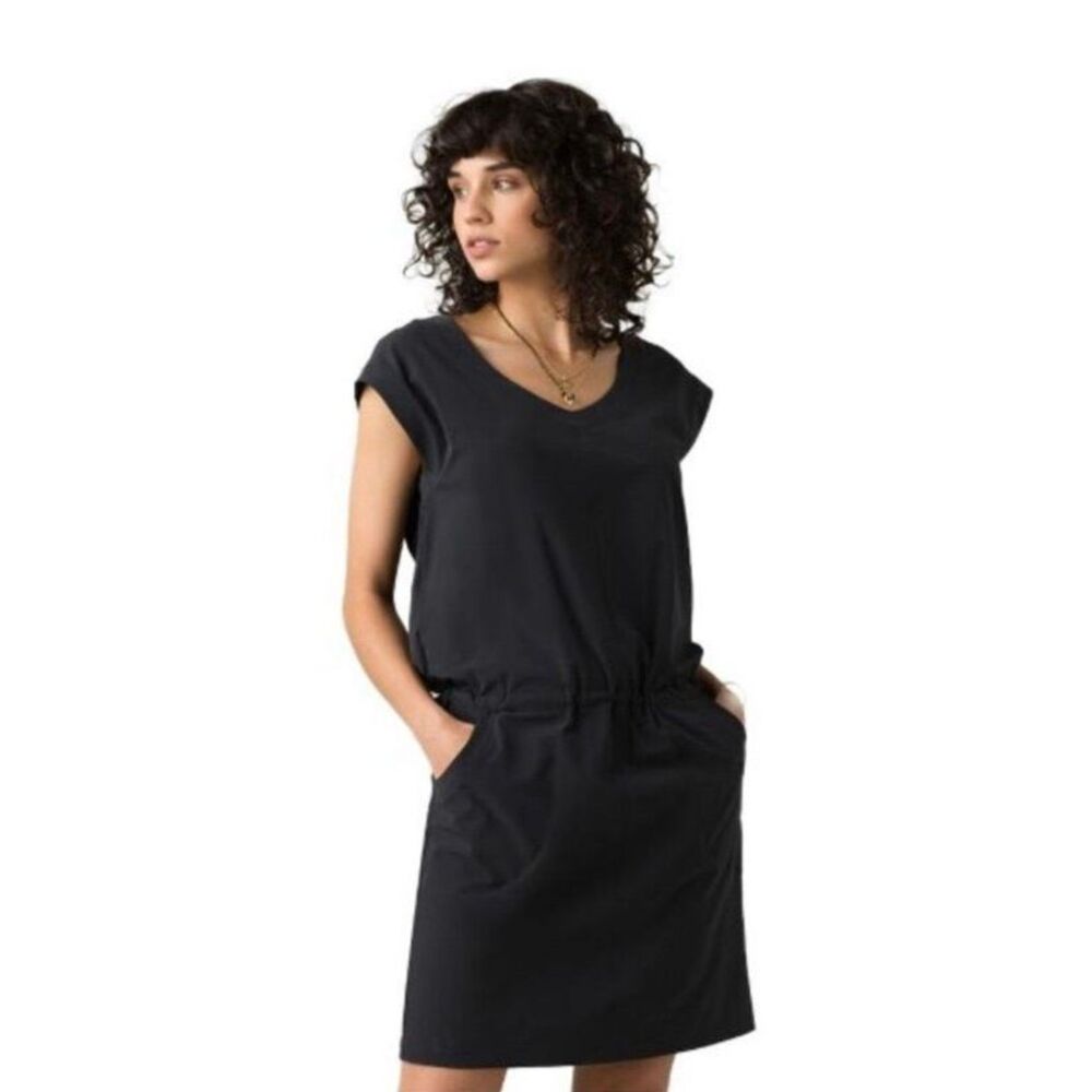 Prana Norma Black Athletic Knee Length Dress Large Pockets Hiking #711